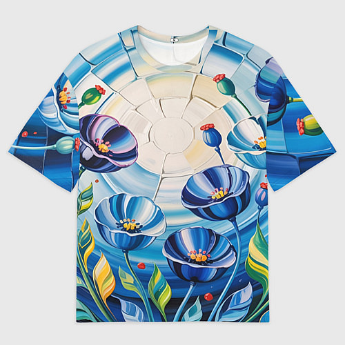 Женская футболка оверсайз Импасто - синие маки в поле / 3D-принт – фото 1