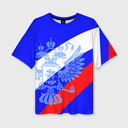 Футболка оверсайз женская Герб России на фоне триколора синий, цвет: 3D-принт