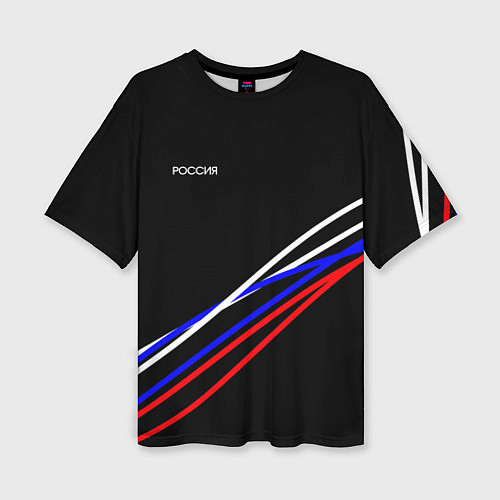 Женская футболка оверсайз Россия полосы бело-сине-красные на чёрном / 3D-принт – фото 1