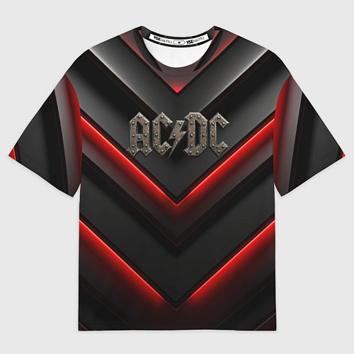 Женская футболка оверсайз ACDC лого из металла на черно-красной текстуре / 3D-принт – фото 1