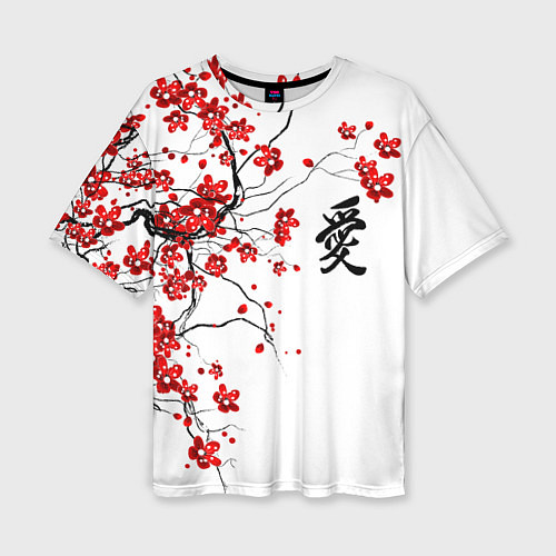 Женская футболка оверсайз Сакура с иероглифом Любовь / 3D-принт – фото 1