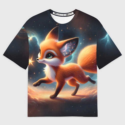 Женская футболка оверсайз Лиса бежит по космическому простору / 3D-принт – фото 1