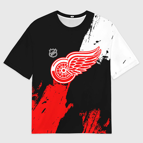 Женская футболка оверсайз Детройт Ред Уингз - брызги краска на черном фоне / 3D-принт – фото 1