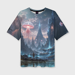 Женская футболка оверсайз Фантастический мир с медузами и озеро у гор