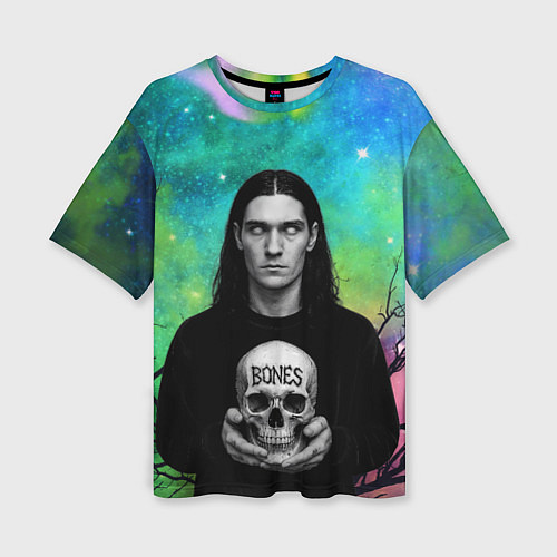 Женская футболка оверсайз Bones без зрачков держит череп в руках / 3D-принт – фото 1