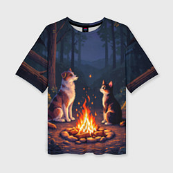 Футболка оверсайз женская Пёс и кот возле костра - пиксель арт, цвет: 3D-принт