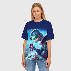 Футболка оверсайз женская Кибер Бендер пьёт лимонад - неоновое свечение, цвет: 3D-принт — фото 2