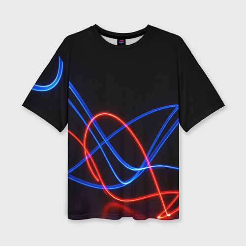 Женская футболка оверсайз Красно синие неоновые линии на черном фоне / 3D-принт – фото 1