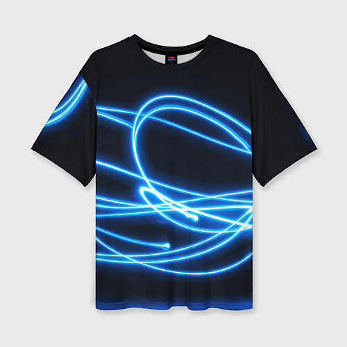 Женская футболка оверсайз Неоновые голубые волны на черном фоне / 3D-принт – фото 1