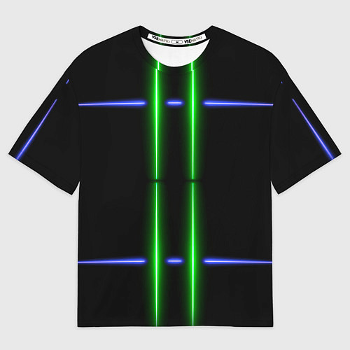 Женская футболка оверсайз Neon black light blue green line / 3D-принт – фото 1