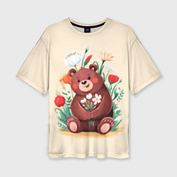 Футболка оверсайз женская Мишаня с букетом, цвет: 3D-принт