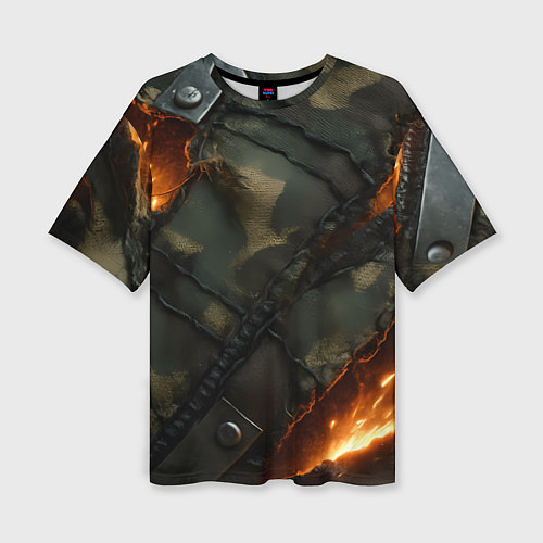 Женская футболка оверсайз Разорванный камуфляж с огнем / 3D-принт – фото 1