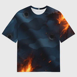 Футболка оверсайз женская Разорванный синий камуфляж с огнем, цвет: 3D-принт