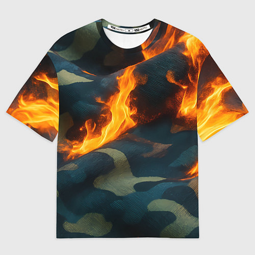 Женская футболка оверсайз Огонь на камуфляжной ткани / 3D-принт – фото 1