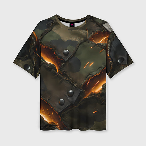 Женская футболка оверсайз Порванная камуфляжная ткань с огнем / 3D-принт – фото 1