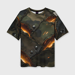 Футболка оверсайз женская Порванная камуфляжная ткань с огнем, цвет: 3D-принт