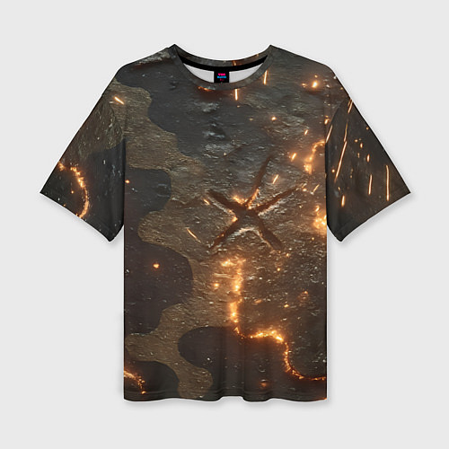 Женская футболка оверсайз Искры в разломах на камуфляже / 3D-принт – фото 1