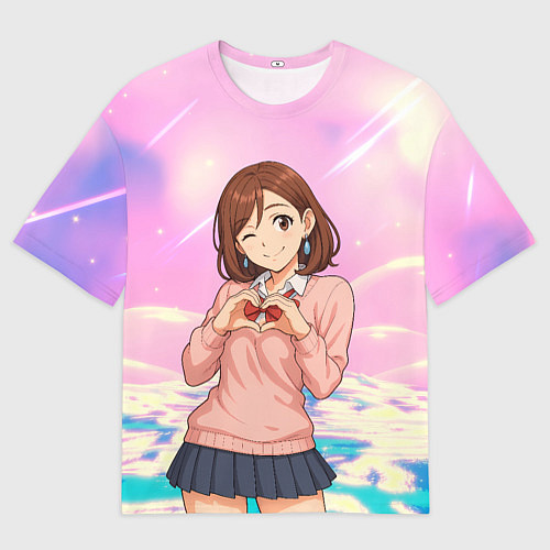 Женская футболка оверсайз Сиратори Айра делает сердечко руками - Дандадан / 3D-принт – фото 1