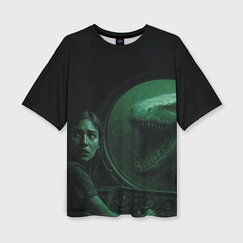 Женская футболка оверсайз На батискаф с девушкой нападает Тилозавр ужасы / 3D-принт – фото 1