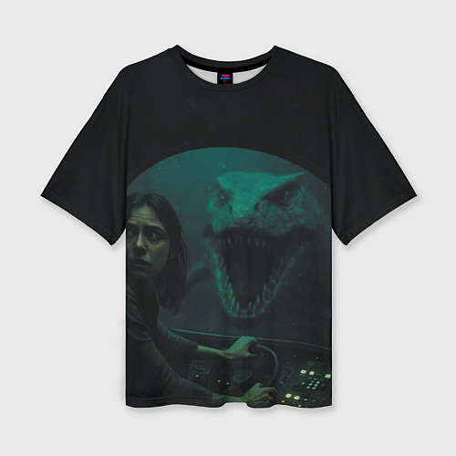 Женская футболка оверсайз Тилозавр нападает на батискаф с девушкой ужасы / 3D-принт – фото 1