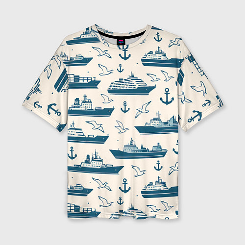 Женская футболка оверсайз Морской паттерн из чаек, якорей и кораблей / 3D-принт – фото 1