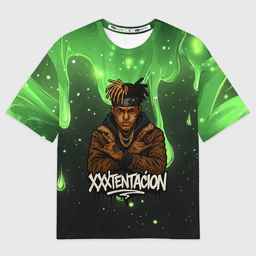 Женская футболка оверсайз XXXTentacion на фоне зеленой краски / 3D-принт – фото 1