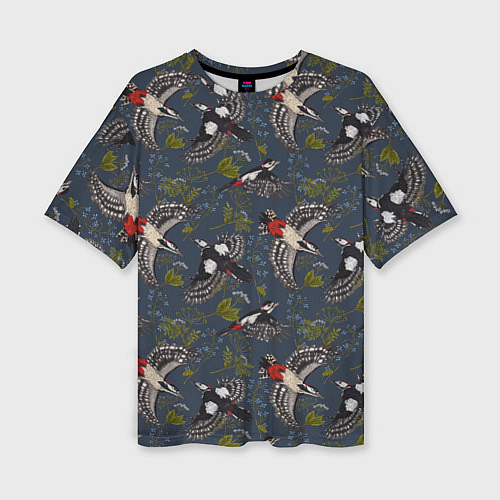 Женская футболка оверсайз Дятлы и цветы / 3D-принт – фото 1