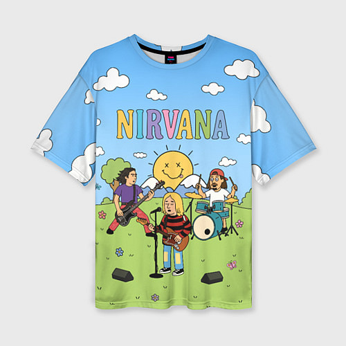 Женская футболка оверсайз Nirvana мультяшный стиль на поляне / 3D-принт – фото 1
