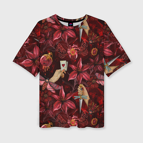 Женская футболка оверсайз Бордовая готика с сердцем, лилиями и мотыльками / 3D-принт – фото 1
