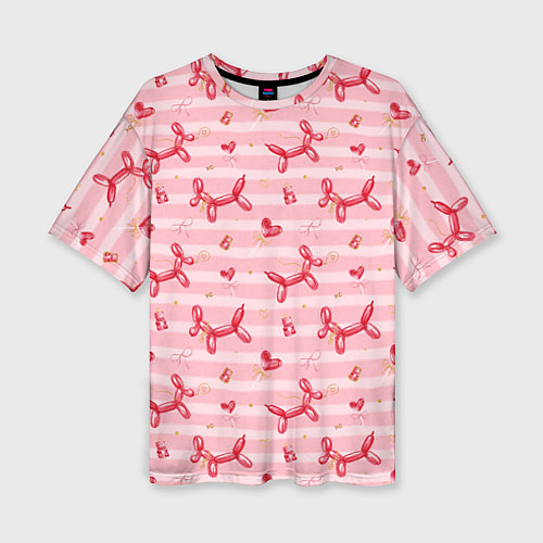 Женская футболка оверсайз Красные шарики-собачки на розовых полосках / 3D-принт – фото 1