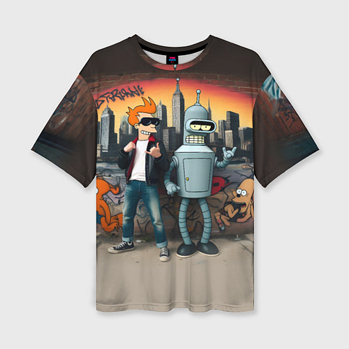 Женская футболка оверсайз Фрай и Бендер на фоне стены с граффити / 3D-принт – фото 1