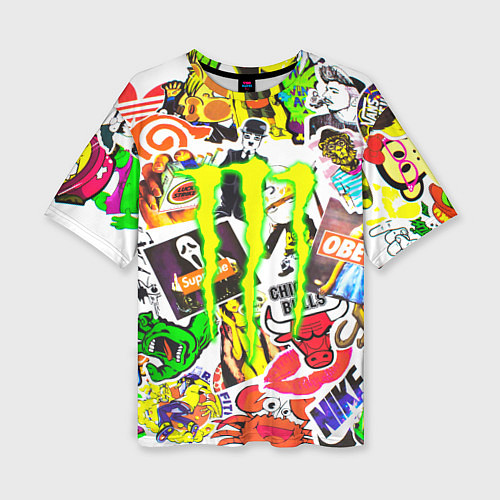 Женская футболка оверсайз Monster energy стикеры бренды / 3D-принт – фото 1