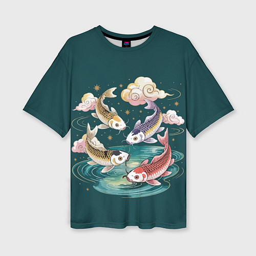 Женская футболка оверсайз Рыбы в облаках над прудом / 3D-принт – фото 1