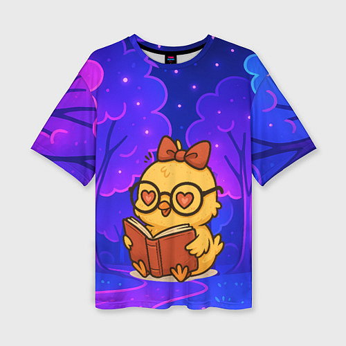 Женская футболка оверсайз Цыпленок в очках читает книжку / 3D-принт – фото 1