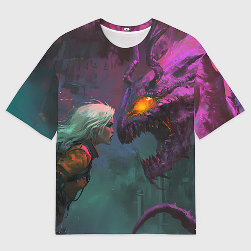 Женская футболка оверсайз Цири и чудовище смотрят друг на друга / 3D-принт – фото 1