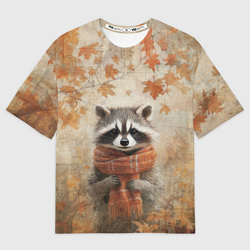 Женская футболка оверсайз Осенней енот в шарфе / 3D-принт – фото 1