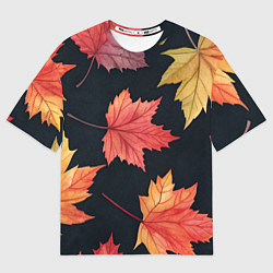 Женская футболка оверсайз Кленовые листья на черном - акварельный паттерн