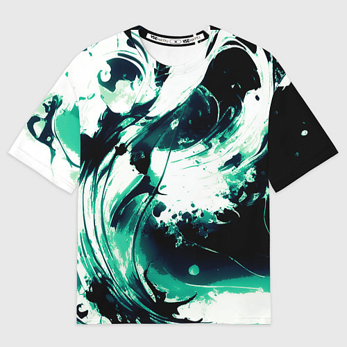 Женская футболка оверсайз Чёрно-зелёный абстракция волна / 3D-принт – фото 1