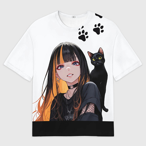 Женская футболка оверсайз Девушка и кот / 3D-принт – фото 1