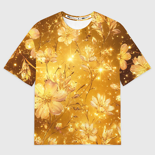 Женская футболка оверсайз Цветочный золотой с искрами / 3D-принт – фото 1