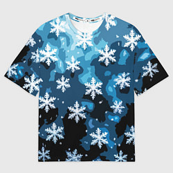 Футболка оверсайз женская Стилизованный паттерн со снежинками тёмно-синий, цвет: 3D-принт