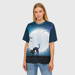 Футболка оверсайз женская Полнолуние и черный кот - жуткий Хэллоуин, цвет: 3D-принт — фото 2