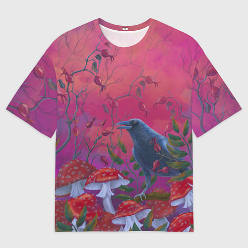 Женская футболка оверсайз Готический ворон в мухоморах / 3D-принт – фото 1