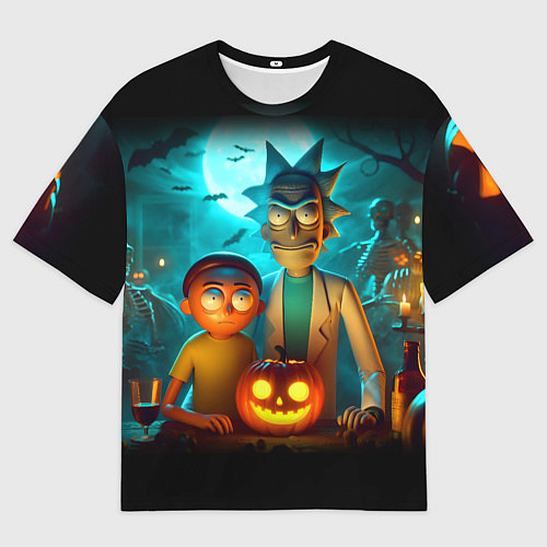 Женская футболка оверсайз Morty and Rick with pumpkin - neon halloween / 3D-принт – фото 1
