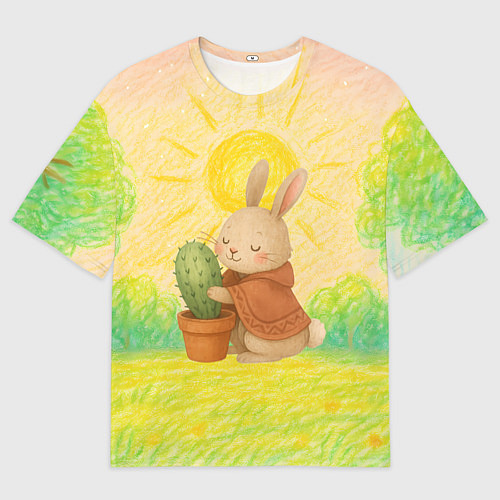 Женская футболка оверсайз Заяц обнимает кактус / 3D-принт – фото 1