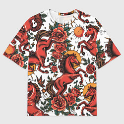 Женская футболка оверсайз Красный конь в стиле татуировки