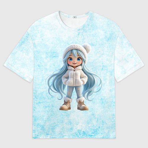 Женская футболка оверсайз Девочка-зима с синими волосами / 3D-принт – фото 1