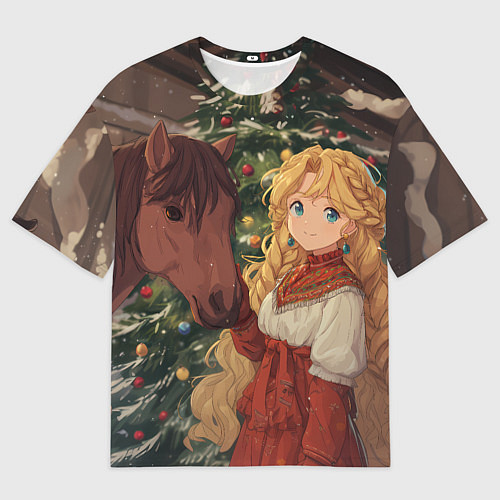 Женская футболка оверсайз Аниме девочка с лошадкой встречают Новый год / 3D-принт – фото 1