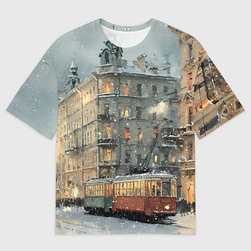 Женская футболка оверсайз Трамваи в зимнем Санкт-Петербурге / 3D-принт – фото 1