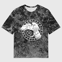 Женская футболка оверсайз Ворон в круге рун и компас вегвизир